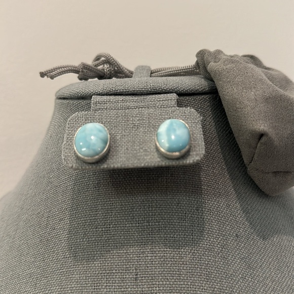 Sterling Silver Oval Larimar Earrings - Picture 4 of 5